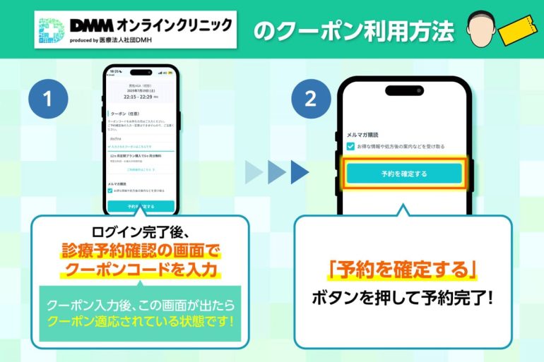 DMMオンラインクリニックのクーポンコード入力から予約確定までの手順を示した図